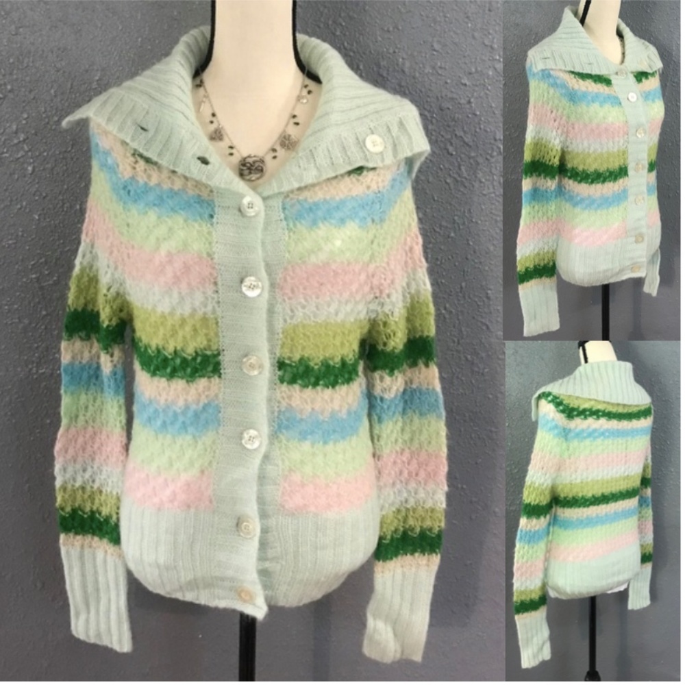 Free People Cottagecore Fold-over Collar Button-up Stripe Cardigan Sweater Small